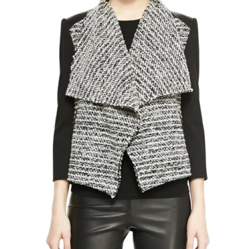 Alice Olivia Burma Drape Lapel Jacket Black White‎ Open Tweed Leather Shoulder 2 - Picture 2 of 12